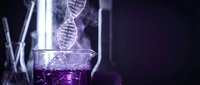 DNA double helix structure emerging from laboratory beaker with purple liquid and smoke effects on dark background for scientific research concepts.