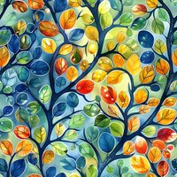 Colorful autumn leaves pattern with blue, orange, yellow and green foliage on curving branches creates seamless nature background for fabric and wallpaper.