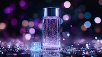 Glass of sparkling water with ice cube on dark background with purple and blue bokeh lights, refreshing drink macro photography with glitter effect.