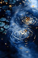 Magical pond scene with water ripples and floating lily pads in deep blue water, illuminated by golden sparkles and light reflections creating circular patterns.