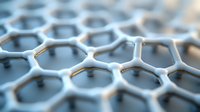White hexagonal honeycomb pattern structure in macro view with selective focus and shallow depth of field, modern technology and science concept background.