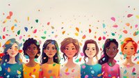 Diverse group of smiling women with different skin tones, hair colors and styles surrounded by colorful falling confetti petals against white background. Celebration of diversity.