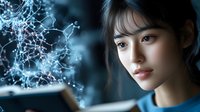 Young Asian woman scientist examining molecular structure model in laboratory with blue technological lighting, demonstrating research and innovation in science.