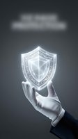 Hand holding glowing neon shield with ornate frame against dark background, representing cybersecurity, data protection, and digital safety for business concepts.