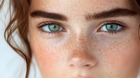 Close up portrait of young woman with natural freckles and bright green eyes against white background, showing natural beauty and authentic skin texture.