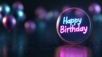 Glowing neon happy birthday text in round frame with pink and blue bokeh lights on dark background, festive celebration design for greeting cards and social media.