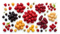 Fresh assorted berries including raspberries, blackberries, and golden berries arranged on white background. Ideal for food, nutrition, and healthy eating content.