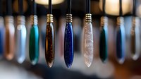 Crystal pendants in various colors hanging against blurred background, featuring blue, pink, and green gemstones with metallic caps, creating mystical healing atmosphere.