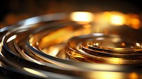 Abstract golden spiral waves with metallic reflective surface creating dynamic light and shadow play in dark background, modern luxury design element.