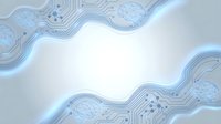 Abstract digital circuit board pattern with flowing blue lines and technological elements on light background for modern tech designs.