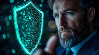 Mature bearded businessman in blue suit looking at glowing digital shield hologram against dark background with bokeh lights, cybersecurity concept.