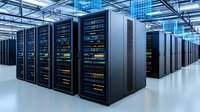 Modern server room with rows of network equipment in blue lighting. Powerful data center interior showing advanced computing infrastructure and storage systems.
