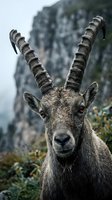 Alpine ibex with curved horns in mountain landscape wildlife portrait for nature photography and outdoor adventure content.