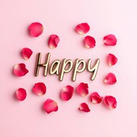 Golden metallic word Happy surrounded by scattered pink rose petals on pastel pink background, romantic flat lay composition for celebration and greeting cards.