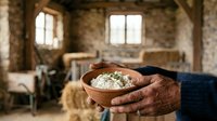 Farmer holding wooden bowl with fresh cottage cheese in rustic barn interior with natural light from windows, agricultural food production.