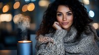 Young woman with curly dark hair wearing cozy knit sweater enjoying hot beverage with steam rising from blue mug against warm bokeh lights background.