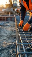 Construction worker in orange safety gloves and vest handling steel reinforcement bars on active building site at sunset, suitable for construction, labor, and industrial projects.