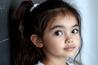 Young Asian girl with ponytail gazing upward with curious expression against dark background, natural lighting highlighting soft facial features and innocent look.