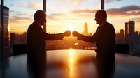 Business partners toasting champagne glasses at sunset against city skyline silhouette, celebrating success in modern office with dramatic golden light.