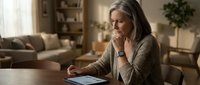 Mature Caucasian woman with gray hair sitting at wooden table reading documents in cozy living room interior with natural lighting for business concepts.