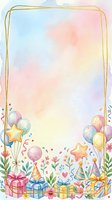 Watercolor birthday party frame with balloons, gifts, stars and confetti on pastel gradient background for celebration invitations and greeting cards.