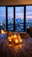 Cozy evening atmosphere with glowing candles on wooden table overlooking blurred city lights through large windows at twilight for relaxation and ambiance.