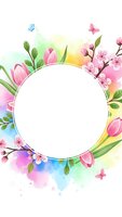 Spring floral frame with pink tulips, cherry blossoms and butterflies on watercolor background. Round white space for text or design elements.