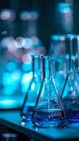 Laboratory glassware with clear liquid in Erlenmeyer flask against blue bokeh background, creating scientific atmosphere for research concepts.