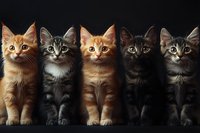Five adorable kittens of different colors - ginger, gray and black - sitting in a row against dark background, looking directly at camera with bright eyes.