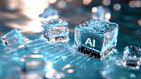 Frozen ice cubes with AI symbol floating over digital circuit board in blue technological atmosphere, representing artificial intelligence and machine learning concept.