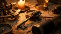 Vintage treasure hunting scene with ornate antique key, old maps, compass, candle and nautical instruments creating mysterious adventure atmosphere.