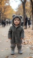 Young Asian toddler wearing cozy grey teddy bear coat with ears on hood stands in autumn park path surrounded by fallen leaves and blurred people walking.