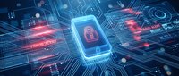 Digital security concept with glowing padlock icon on smartphone screen surrounded by circuit board patterns, data streams, and warning alerts representing cybersecurity protection and network defense.