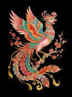 Ornate phoenix bird with vibrant feathers in red, gold, and teal perched on decorative branch with flowers. Isolated on transparent background, ready for t-shirts, clipart, stickers, and print-on-demand designs.
