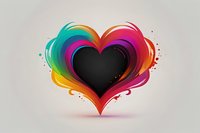 Black heart shape surrounded by vibrant rainbow colored swirls and splashes on light gray background, creating dynamic motion effect for valentines designs.