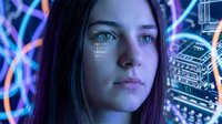Young woman with fair complexion and dark hair displaying digital facial recognition overlay and holographic data visualization effects in neon blue and purple tones for technology and AI concepts.