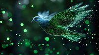 Magical glowing dove with sparkling emerald green wings flying through dark space surrounded by luminous bokeh lights and shimmering particles.