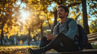 Young Caucasian man with backpack sitting on park bench holding reusable coffee cup at sunset, golden autumn foliage and sunlight creating warm atmosphere.
