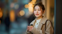 Young Asian woman in beige coat holding coffee cup outdoors at night with warm bokeh lights creating cozy urban atmosphere for lifestyle content.