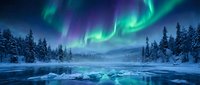 Stunning aurora borealis dancing over snow-covered forest and frozen river in arctic winter landscape. Natural phenomenon creates magical atmosphere.
