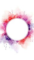 Romantic watercolor frame with hearts and floral elements in pink and purple gradient colors. White circle space for text or design customization.