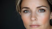 Young Caucasian woman with green eyes and natural makeup looking directly at camera against dark background, soft lighting highlights facial features and glowing skin.