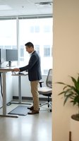 Professional Asian businessman using standing desk in modern office workspace with city view for productivity and health.