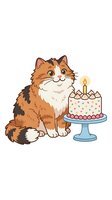 Orange and brown tabby cat sitting beside birthday cake with lit candle on white background, isolated clipart for greeting cards and celebrations.