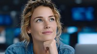 Young blonde woman looking up thoughtfully with hand on chin in modern office environment with computer screens in background for business concepts.