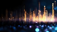 Glowing vertical light beams rising from dark surface with bokeh effect, creating futuristic digital landscape for technology and data visualization backgrounds.