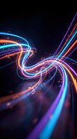 Dynamic neon light trails swirling through dark space creating vibrant energy waves with glowing particles and motion blur effects for digital art projects.
