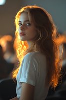 Young Caucasian woman with long wavy hair in white t-shirt looking over shoulder with warm golden hour lighting creating atmospheric portrait mood.