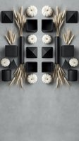 Autumn flat lay with white pumpkins, dried wheat stalks and black geometric shapes arranged symmetrically on gray background for seasonal design projects.