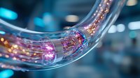 Curved glass fiber optic cable with glowing pink and blue light streams showing data transmission technology against blurred background with bokeh effect.